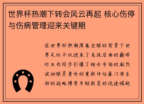 世界杯热潮下转会风云再起 核心伤停与伤病管理迎来关键期